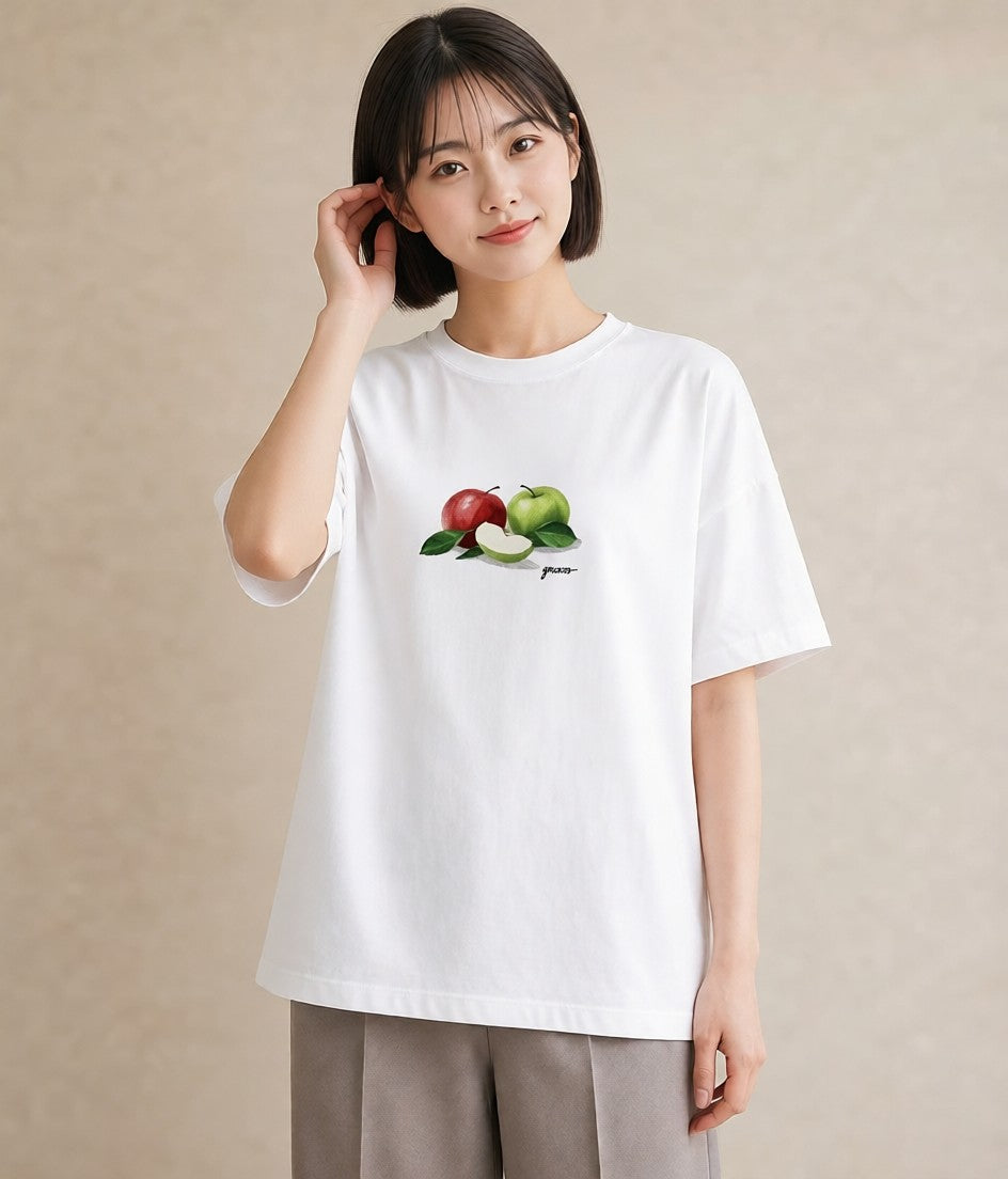 半袖Tシャツ レディース りんご 林檎 アップル 食べ物 フード イラスト 通学 誕生日プレゼント 白T YMAZO