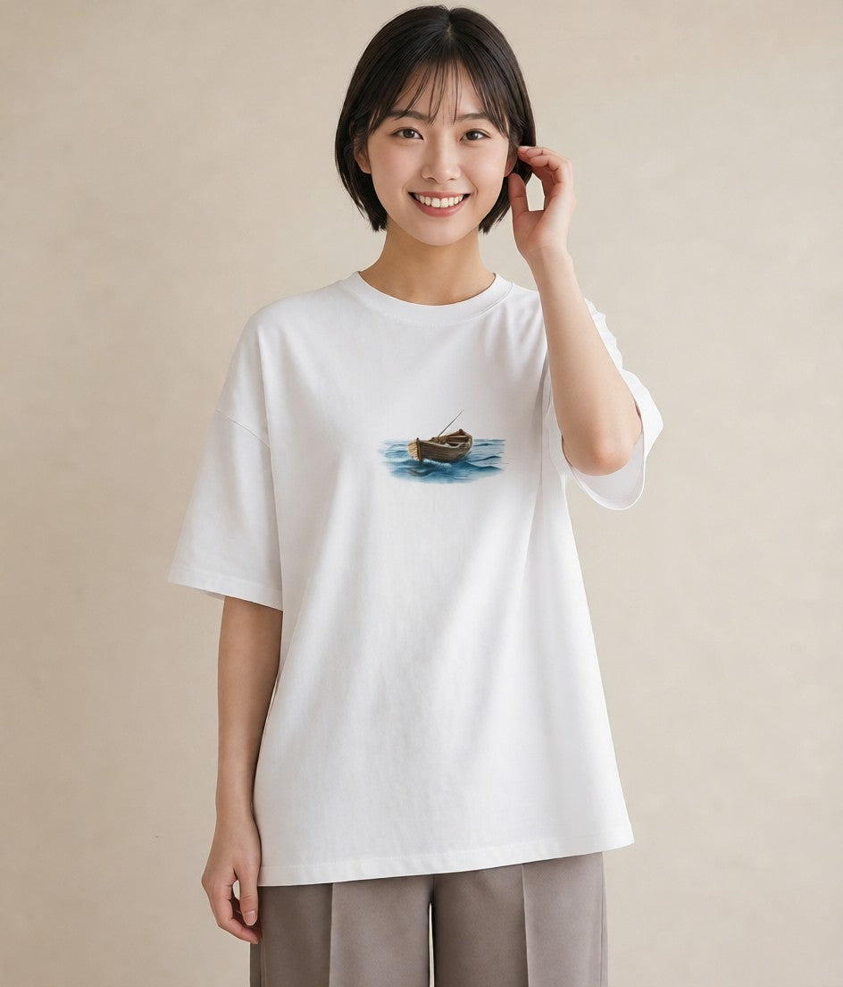 Tシャツ レディース 紙の船 水辺 ナチュラル アンティーク イラスト ラフカジュアル ギフト 母の日 白T YMAZO