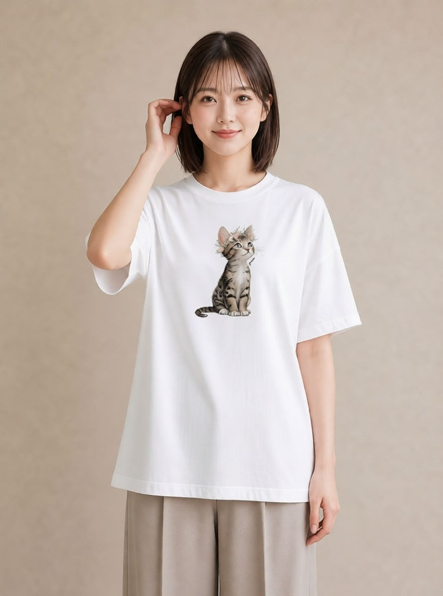 半袖Tシャツ レディース アビシニアン 猫 ねこ イラスト ボタニカル デート 帰省 白T YMAZO