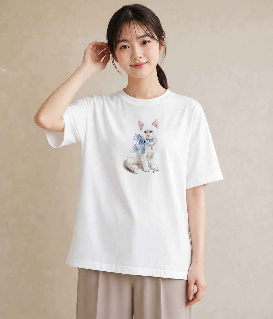 グラフィックTシャツ レディース ロシアンブルー 猫 ねこ イラスト ユニーク ラフ レイヤード 白T YMAZO