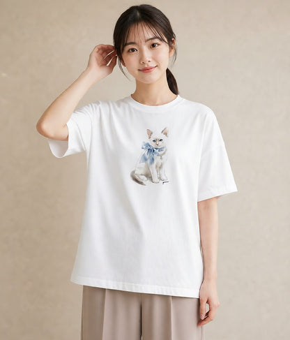グラフィックTシャツ レディース ロシアンブルー 猫 ねこ イラスト ユニーク ラフ レイヤード 白T YMAZO