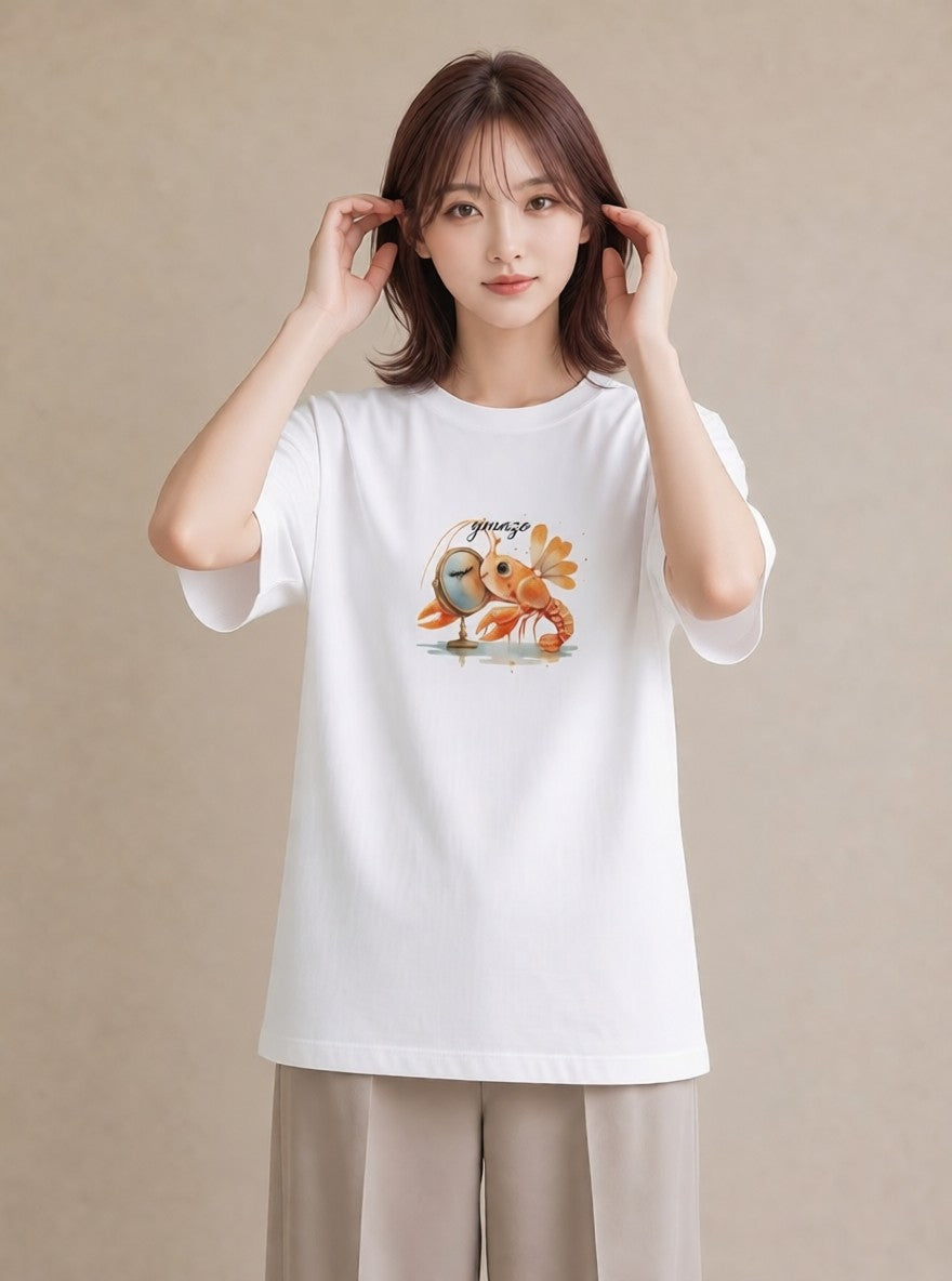 グラフィックTシャツ レディース エビ 海の生き物 海 イラスト ミニマル 綿100 デート 白T YMAZO