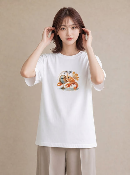 グラフィックTシャツ レディース エビ 海の生き物 海 イラスト ミニマル 綿100 デート 白T YMAZO