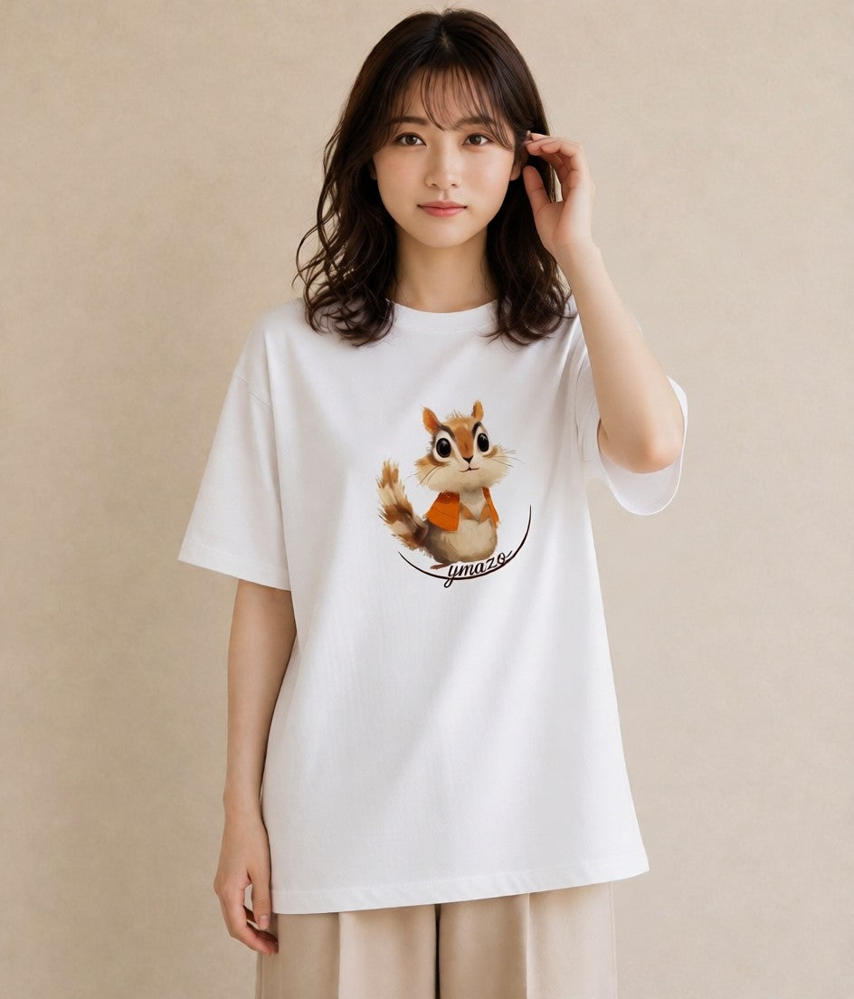 デザインTシャツ レディース リス ペット 動物 イラスト きれいめカジュアル 在宅 公園 白T YMAZO
