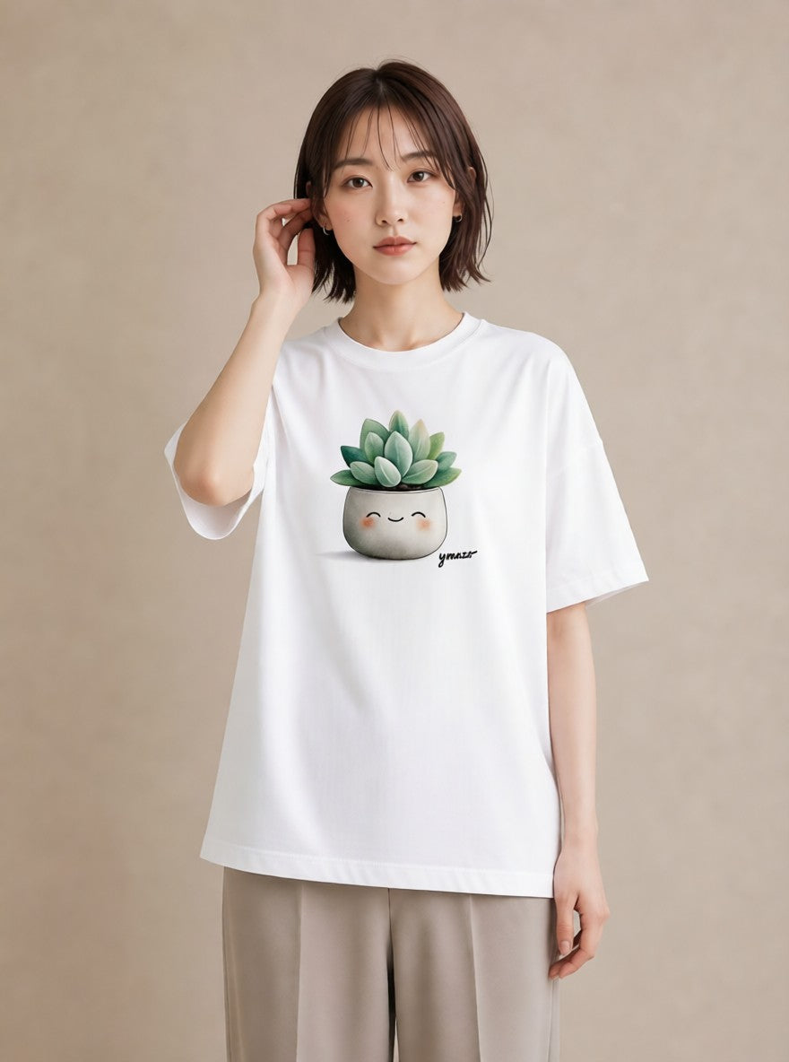 プリントTシャツ レディース 多肉植物 植物 ボタニカル イラスト 可愛い 社会人 女性 白T YMAZO