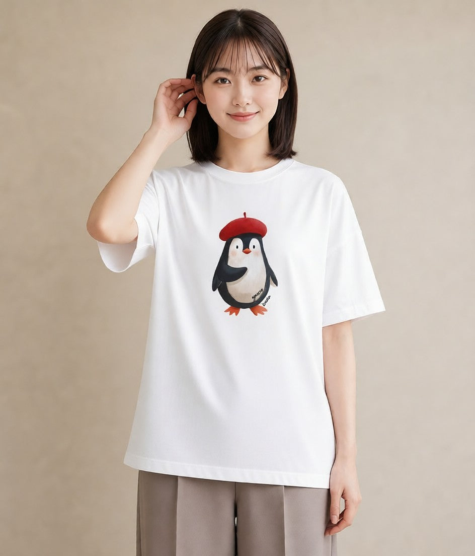 半袖Tシャツ レディース ペンギン ぺんぎん 動物 アニマル イラスト ボタニカル 誕生日プレゼント 綿100 白T YMAZO