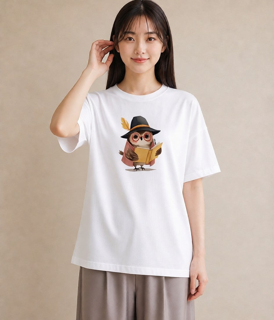 半袖Tシャツ レディース フクロウ 動物 アニマル イラスト 手描き風 クリスマス 旅行 白T YMAZO