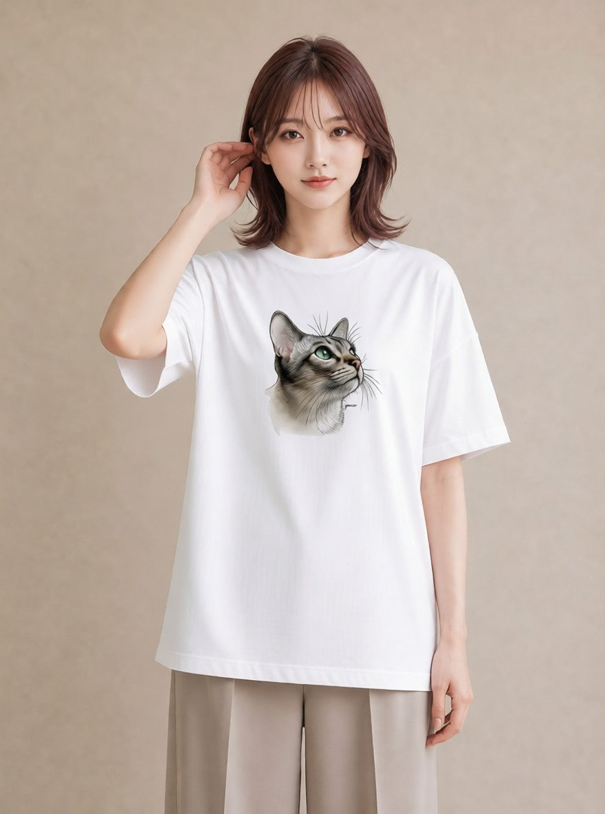 デザインTシャツ レディース アメリカンショートヘア 猫 ねこ イラスト こなれ感 秋コーデ おしゃれギフト 白T YMAZO