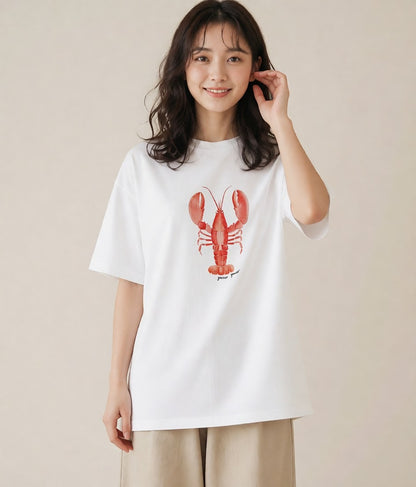 半袖Tシャツ レディース カニ 海の生き物 海 イラスト シック お出かけ 普段着 白T YMAZO