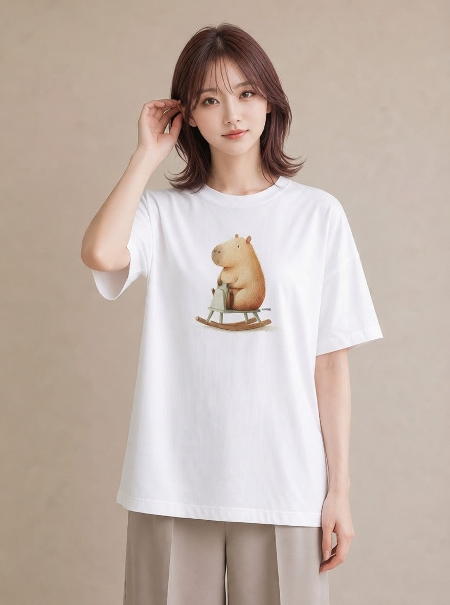 半袖Tシャツ レディース カピバラ かぴばら 動物 アニマル イラスト カフェコーデ 散歩 お出かけ 白T YMAZO