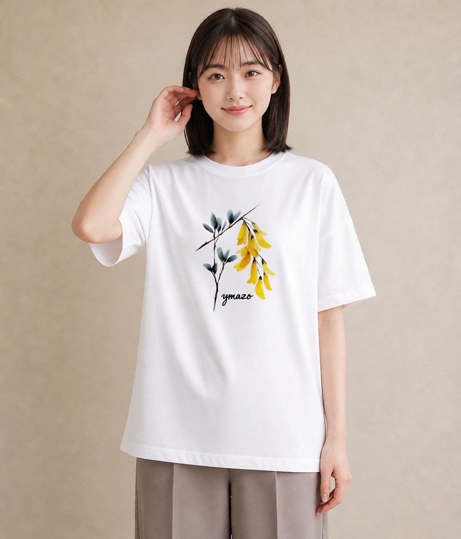 半袖Tシャツ レディース ミモザ 花 花柄 イラスト 淡色 カジュアルコーデ 買い物 白T YMAZO
