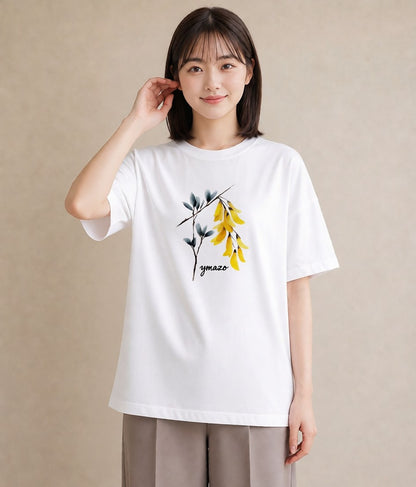 半袖Tシャツ レディース ミモザ 花 花柄 イラスト 淡色 カジュアルコーデ 買い物 白T YMAZO
