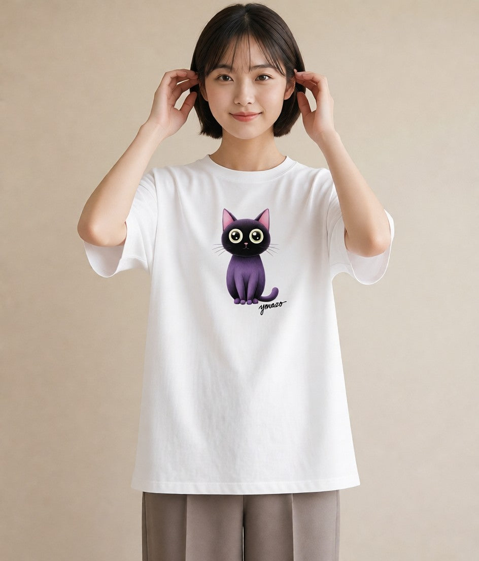 半袖Tシャツ レディース 黒猫 猫 ねこ イラスト 旅行コーデ ホワイトデー 春服 白T YMAZO