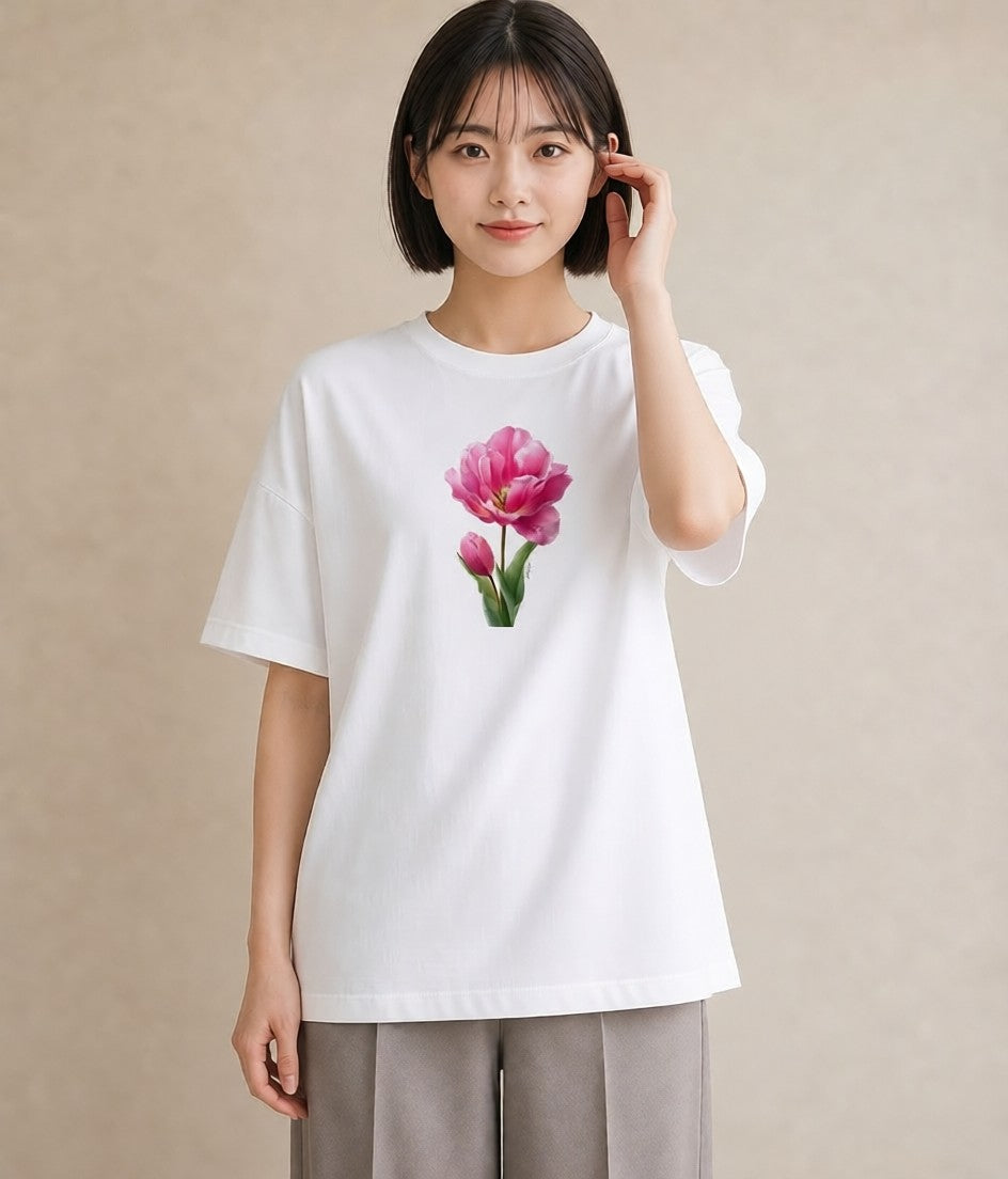 デザインTシャツ レディース チューリップ 花 花柄 イラスト 水彩風 カフェ服 クリスマス 白T YMAZO