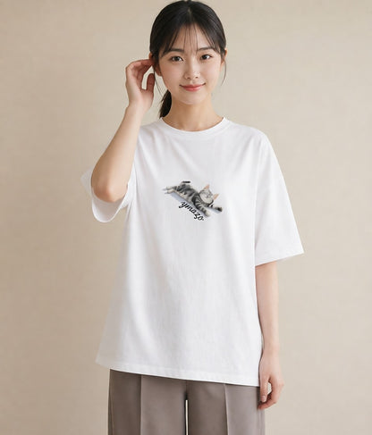 半袖Tシャツ レディース スコティッシュフォールド 猫 ねこ イラスト ガーリー 在宅 公園 白T YMAZO