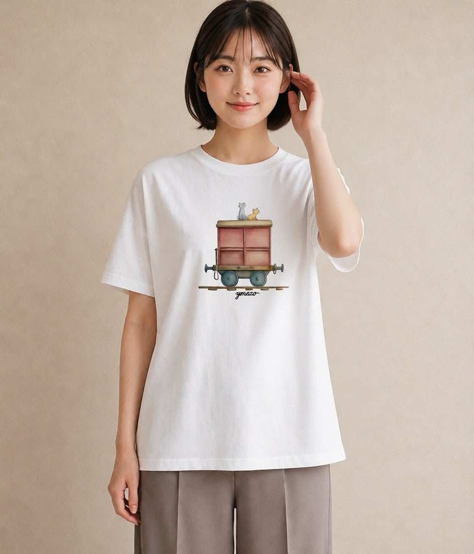 デザインTシャツ レディース 駅のホーム ローカル線 駅 ナチュラル アンティーク イラスト レトロ 20代 カジュアルコーデ 白T YMAZO