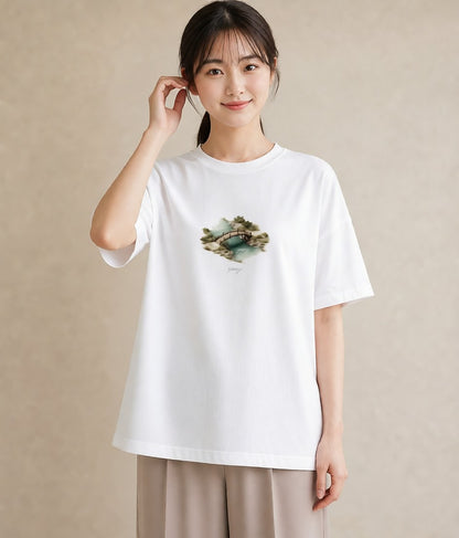 プリントTシャツ レディース 桟橋 水辺 波止場 ナチュラル アンティーク イラスト 韓国風 在宅 公園 白T YMAZO