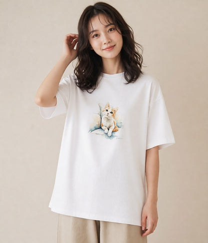 Tシャツ レディース ベンガル 猫 ねこ イラスト 手描き風 海 カフェ巡り 白T YMAZO