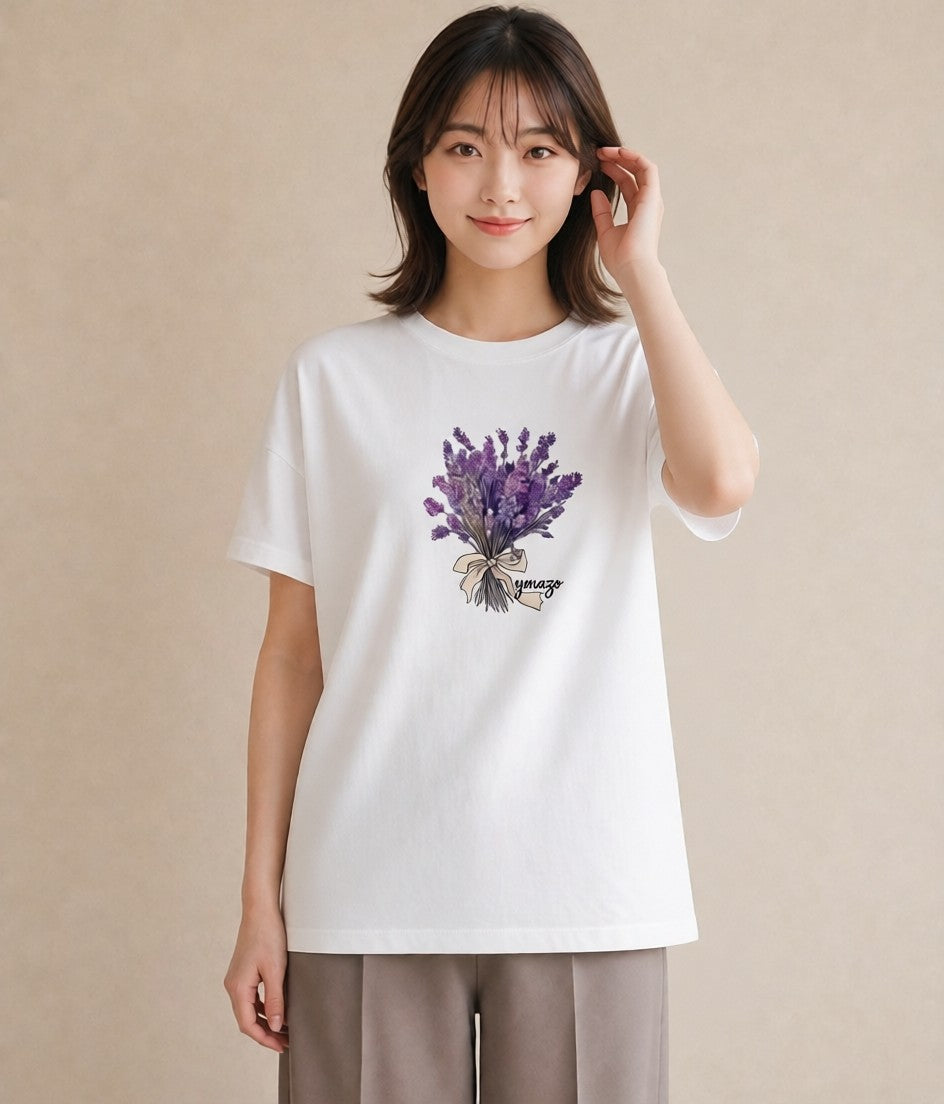 グラフィックTシャツ レディース ラベンダー 花 花柄 イラスト カフェコーデ クリスマス 旅行 白T YMAZO