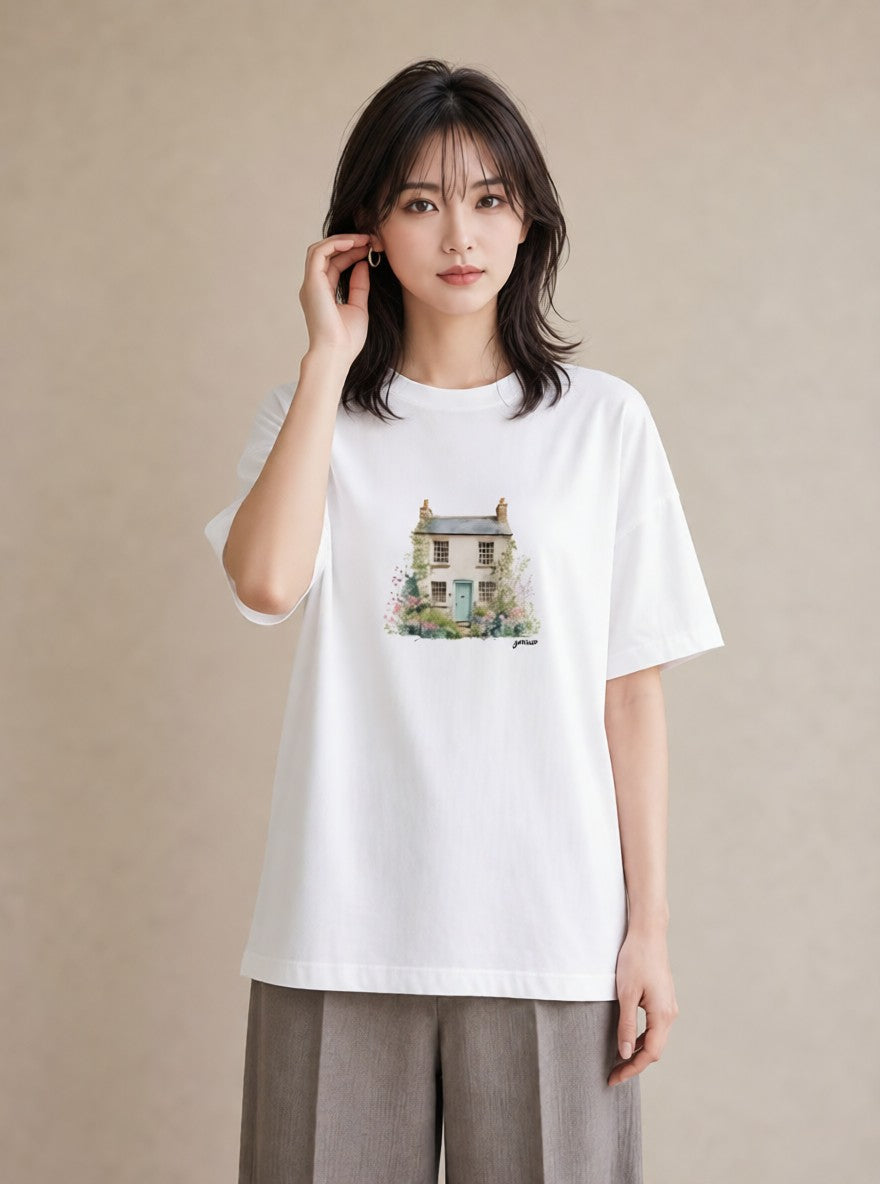 半袖Tシャツ レディース 湖畔の小屋 湖 小屋 ナチュラル アンティーク イラスト 韓国風 ママ カフェ服 白T YMAZO