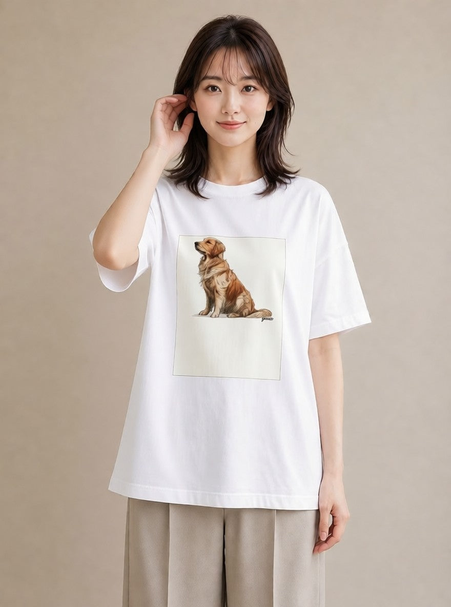 グラフィックTシャツ レディース ゴールデンレトリバー ゴールデン 犬 いぬ イラスト 北欧風 散歩 お出かけ 白T YMAZO