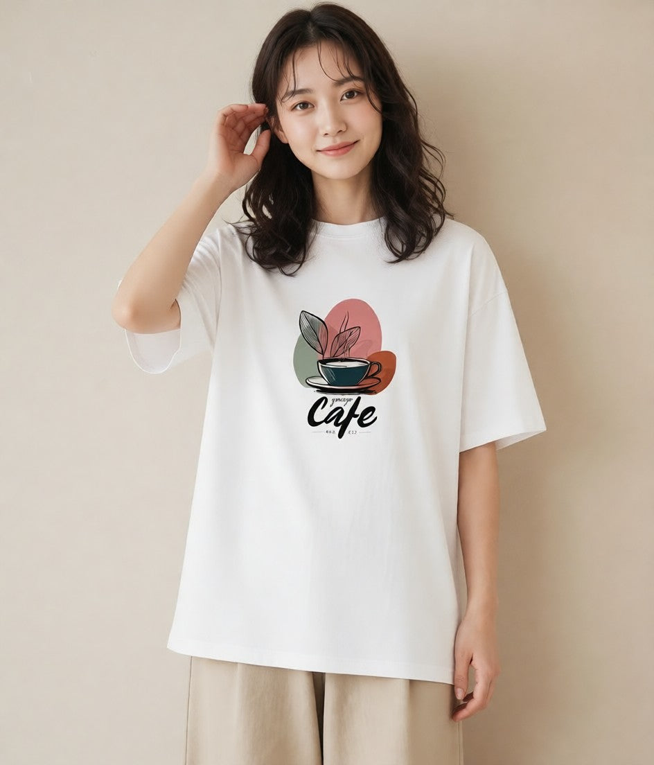 Tシャツ レディース カフェ カフェロゴ ロゴ イラスト ラフ レイヤード 白T YMAZO