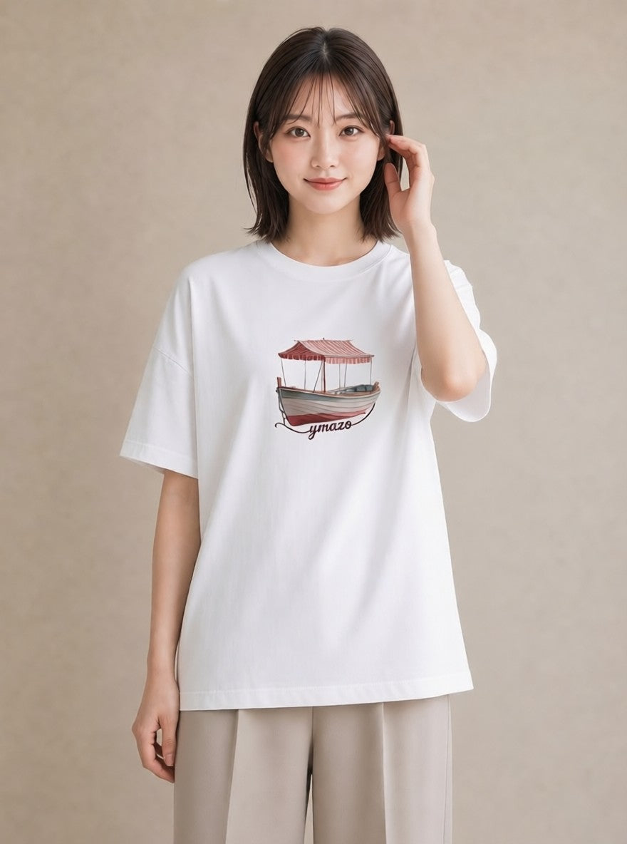 Tシャツ レディース 桟橋 水辺 波止場 ナチュラル アンティーク イラスト ママ カフェ服 白T YMAZO