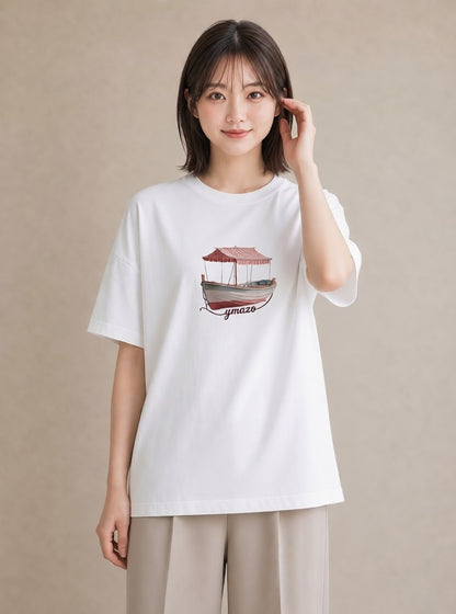 Tシャツ レディース 桟橋 水辺 波止場 ナチュラル アンティーク イラスト ママ カフェ服 白T YMAZO