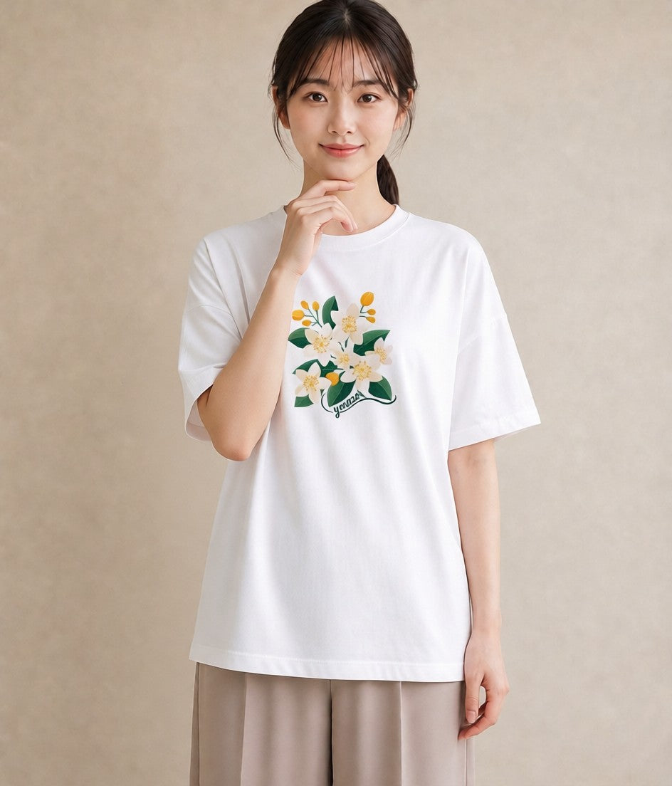 半袖Tシャツ レディース 金木犀 花 花柄 イラスト 線画 旅行 母娘コーデ 白T YMAZO