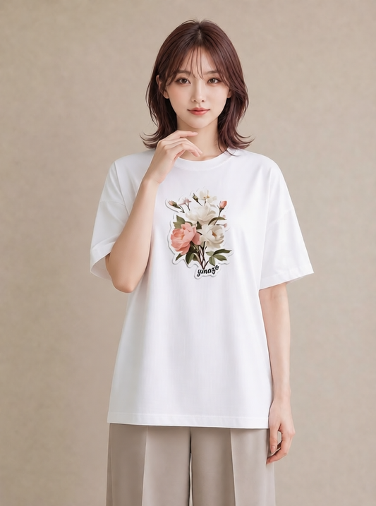 グラフィックTシャツ レディース 椿 花 花柄 イラスト 上品 ギフト 母の日 白T YMAZO