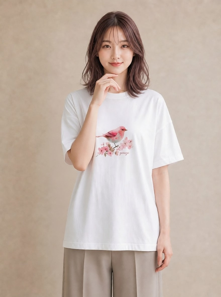 半袖Tシャツ レディース 小鳥 ペット 動物 イラスト 可愛い カジュアルコーデ 買い物 白T YMAZO