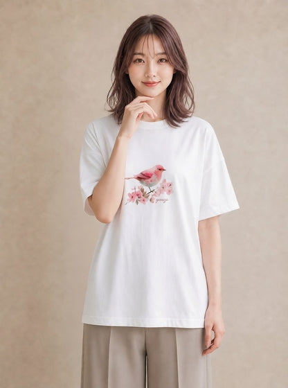 半袖Tシャツ レディース 小鳥 ペット 動物 イラスト 可愛い カジュアルコーデ 買い物 白T YMAZO