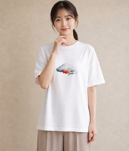 Tシャツ レディース 雲 星空 宇宙 イラスト カジュアル 買い物 夏コーデ 白T YMAZO