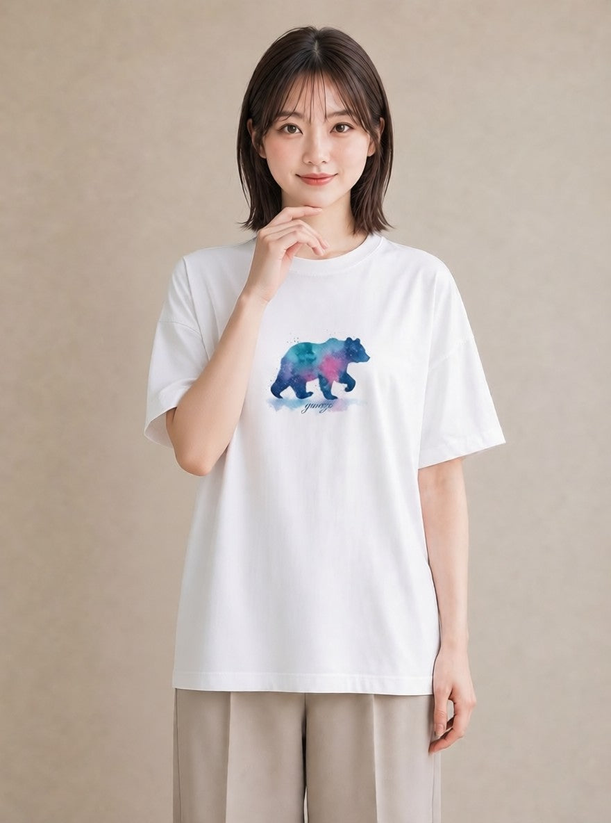 Tシャツ レディース オーロラ 星空 宇宙 イラスト アート風 公園 ママ 白T YMAZO