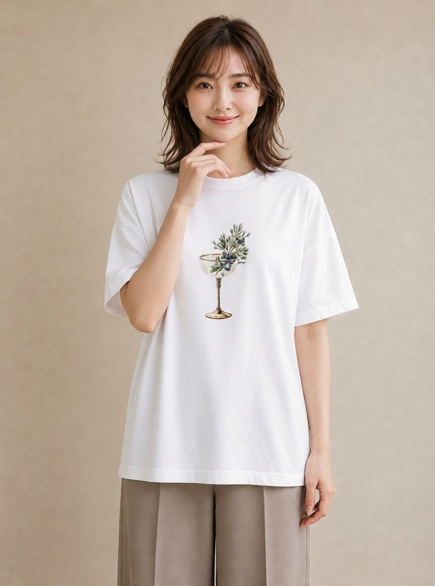グラフィックTシャツ レディース ガラス瓶 小枝 ボタニカル ナチュラル アンティーク イラスト お洒落 自分用 ルームウェア 白T YMAZO