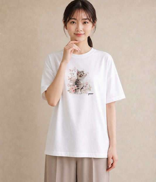 プリントTシャツ レディース ねこ 猫 ネコ イラスト 休日コーデ 友達ギフト 部屋着 白T YMAZO