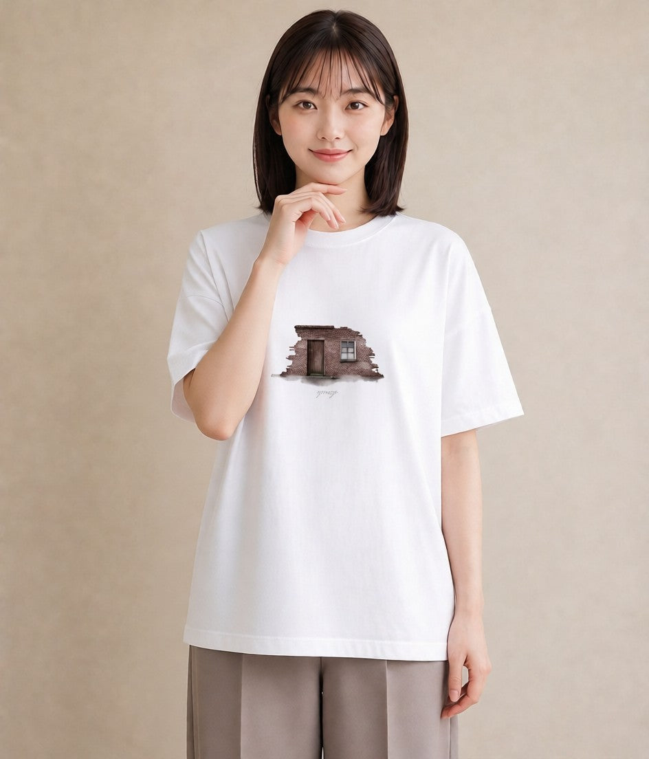 プリントTシャツ レディース 窓辺の雨 雨の日 窓 ナチュラル アンティーク イラスト こなれ感 ビーチ デイリーウェア 白T YMAZO