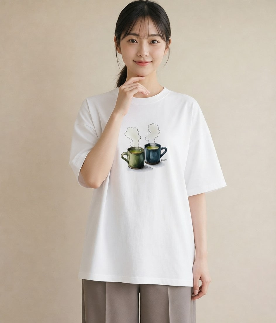 Tシャツ レディース 紅茶 食べ物 フード イラスト 線画 ミセス 春コーデ 白T YMAZO