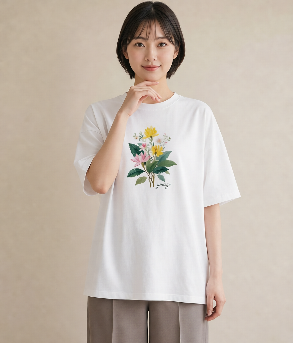 デザインTシャツ レディース 蓮 花 花柄 イラスト レトロ 部屋着 女性向けギフト 白T