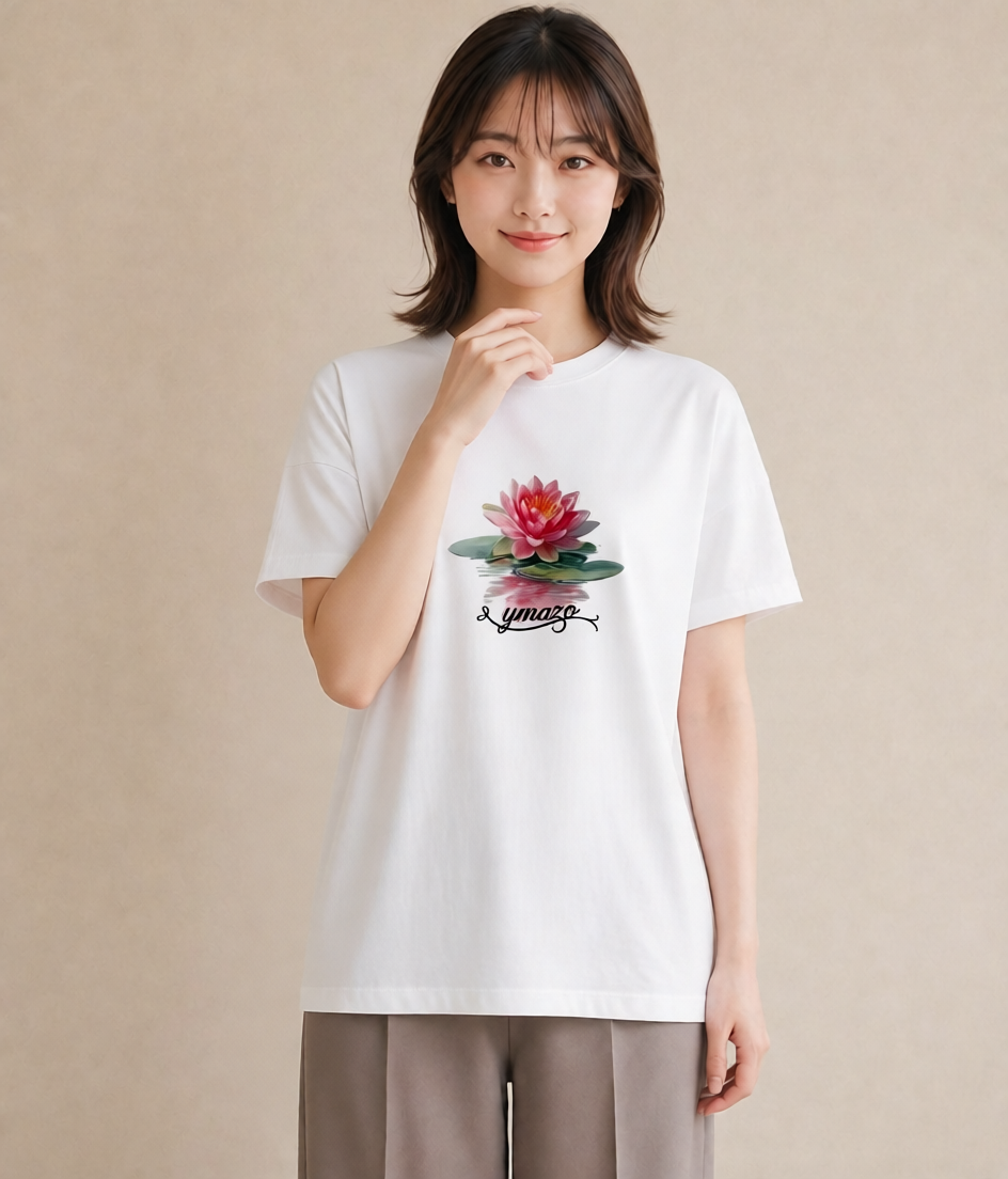 グラフィックTシャツ レディース 蓮 花 花柄 イラスト 個性的 ペアコーデ 秋コーデ 白T
