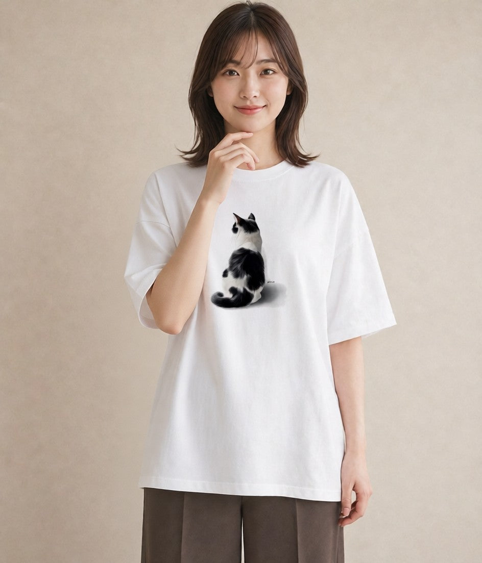 グラフィックTシャツ レディース 三毛猫 みけねこ 三毛 猫 ねこ イラスト アート風 海 カフェ巡り 白T YMAZO
