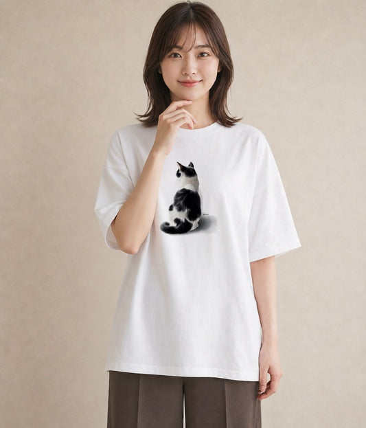 グラフィックTシャツ レディース 三毛猫 みけねこ 三毛 猫 ねこ イラスト アート風 海 カフェ巡り 白T YMAZO