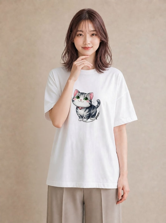 プリントTシャツ レディース キジトラ 猫 ねこ イラスト ボタニカル 春コーデ 姉妹 白T YMAZO
