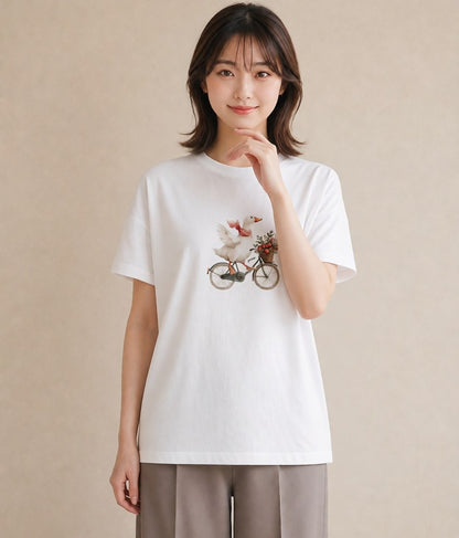 半袖Tシャツ レディース 自転車のかご 自転車 花かご ナチュラル アンティーク イラスト カフェコーデ 親子 20代 白T YMAZO