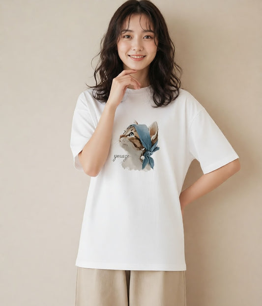 プリントTシャツ レディース アビシニアン 猫 ねこ イラスト アート風 ミセス 春コーデ 白T YMAZO