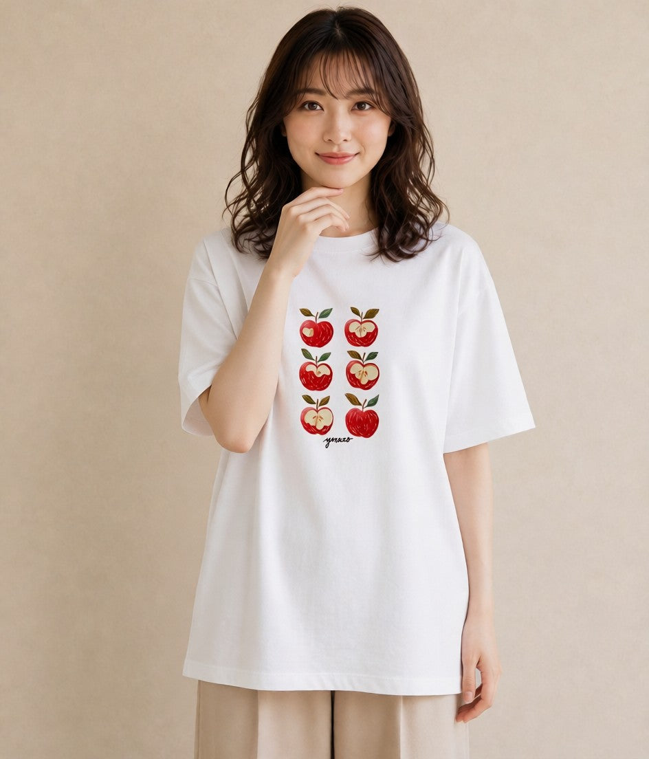 半袖Tシャツ レディース りんご 林檎 アップル 食べ物 フード イラスト アート風 休日 ペアコーデ 白T YMAZO