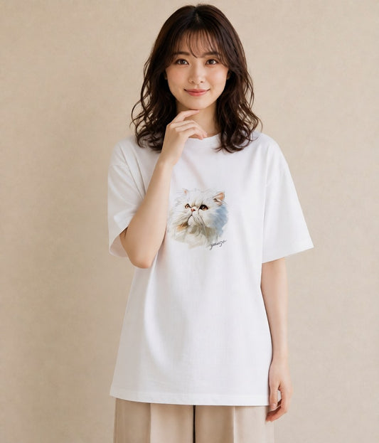 Tシャツ レディース エキゾチックショートヘア 猫 ねこ イラスト 韓国風 ママ カフェ服 白T YMAZO