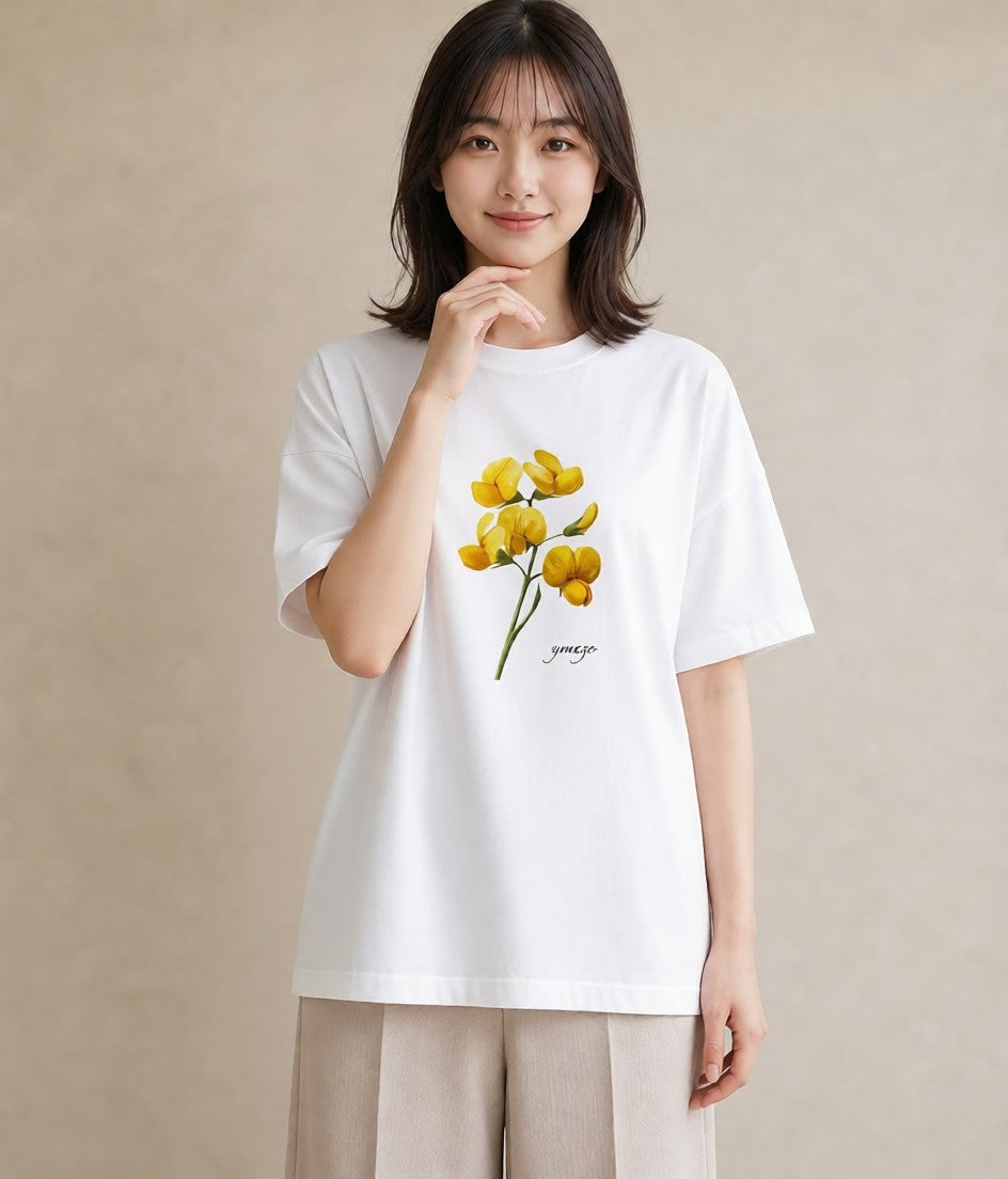 デザインTシャツ レディース ミモザ 花 花柄 イラスト こなれ感 誕生日プレゼント 綿100 白T YMAZO