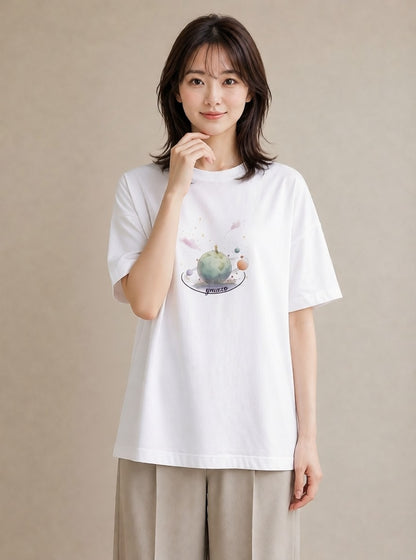 デザインTシャツ レディース プラネット 星空 宇宙 イラスト ナチュラル 買い物 夏コーデ 白T YMAZO