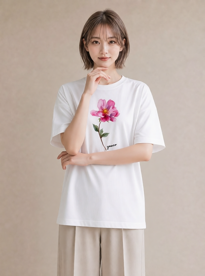 グラフィックTシャツ レディース 牡丹 花 花柄 イラスト ナチュラル 母娘コーデ 自分用 白T